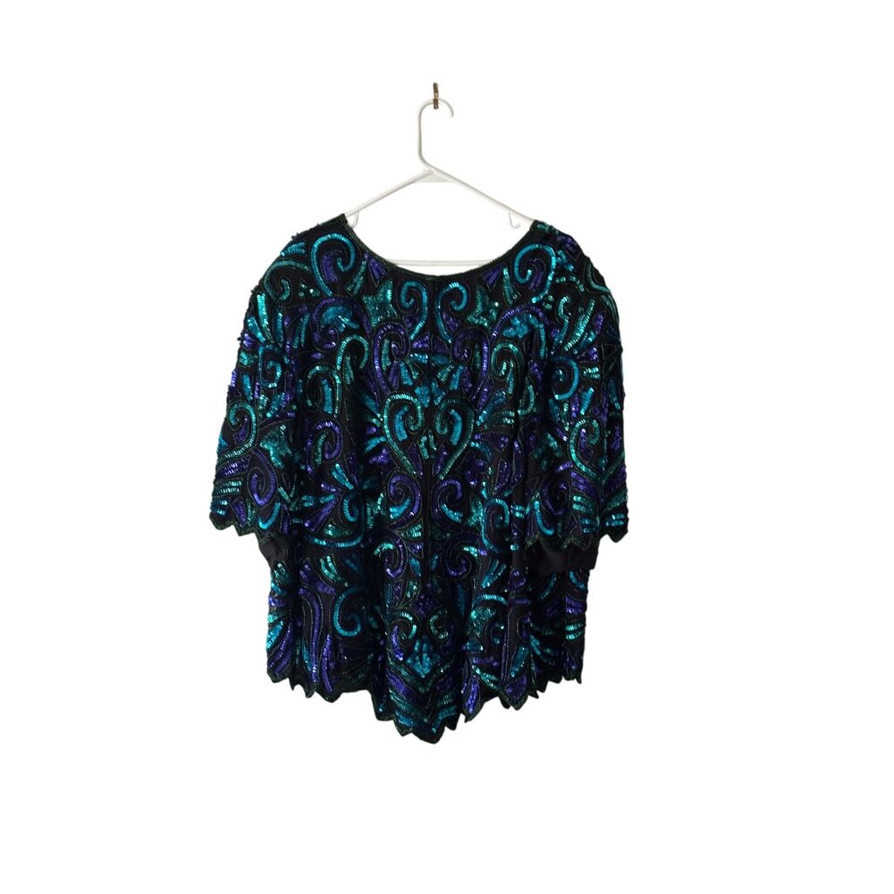 Vintage Laurence Kazar New York Silk Blue Beaded Sequins Sz 5X Party Evening Top - Picture 2 of 12
